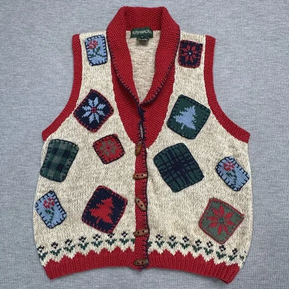 Vtg Bushwacker Womens Small Patchwork Holiday Sweater Vest Red Beige Button Knit - Picture 4 of 15
